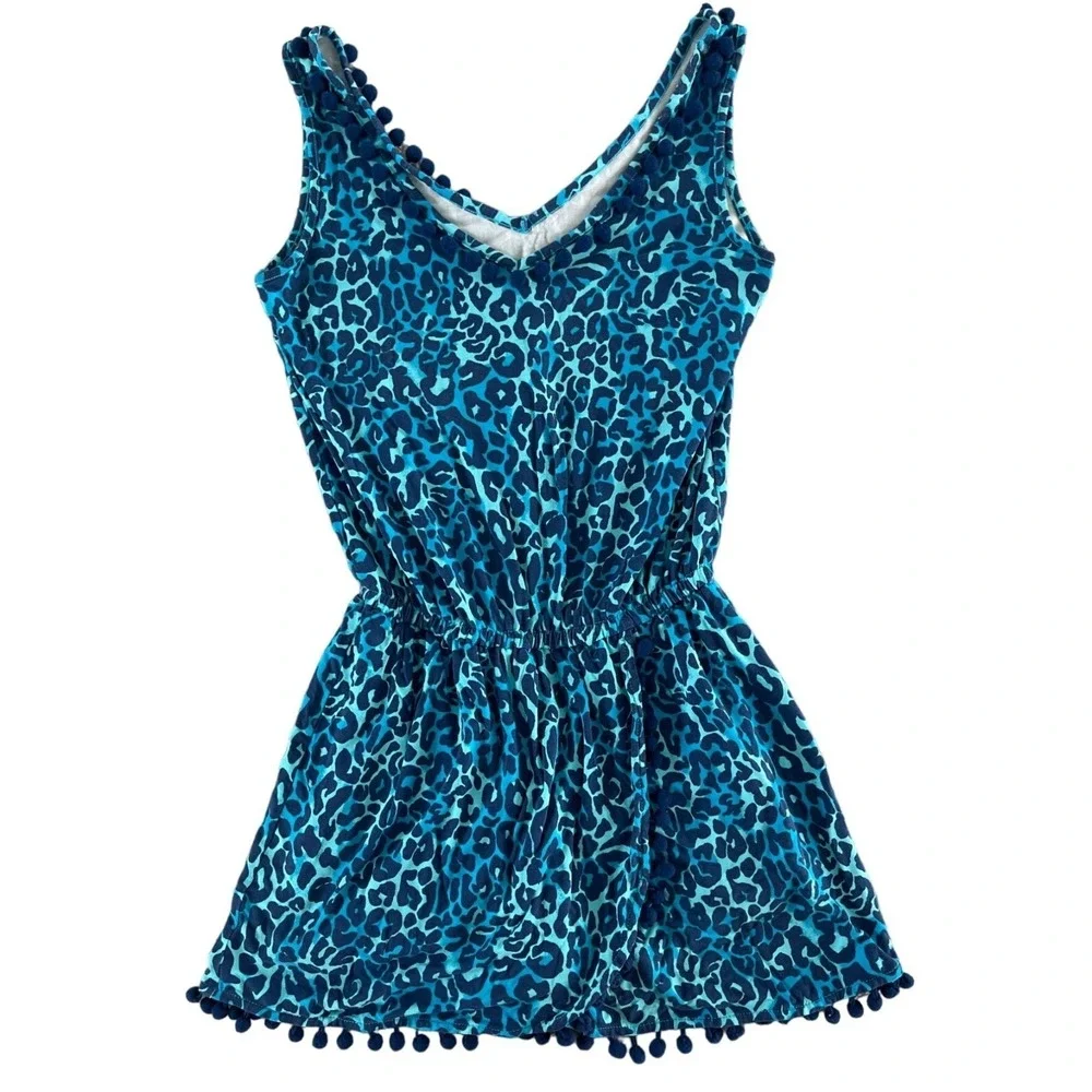 Lilly Pulitzer Gigi Romper Blue My Favorite Spot Leopard Print Pom Poms XXS $138